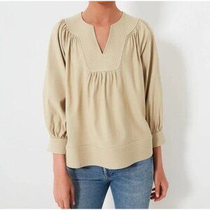 NEW POMANDER PLACE Tan Koa Blouse XS Tuckernuck Pleated Stretch Pullover Notched